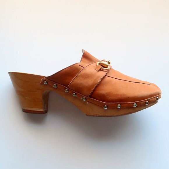 Rangonii of Florence Italian Tan Leather Gold Horse-bit Wooden Clogs / Mules 9 - Picture 8 of 16